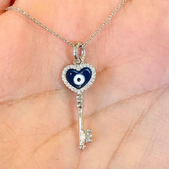 14K Diamond Evil Eye Enamel Heart Key Necklace